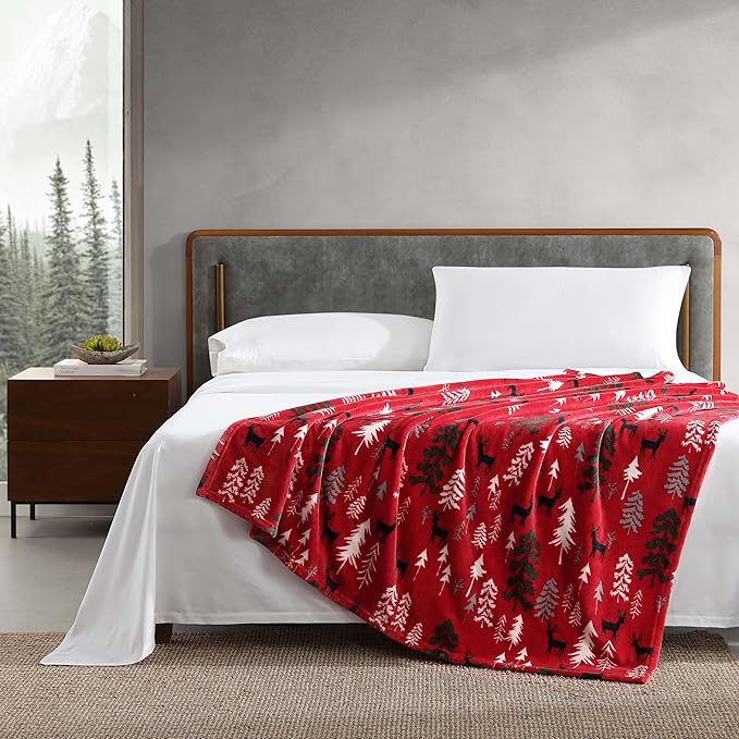 Eddie Bauer - Blanket, Super Soft Reversible Sherpa & Brushed Fleece Bedding, Throw Blankets for Couch, Ideal for Lounging (Deer Woods Red)