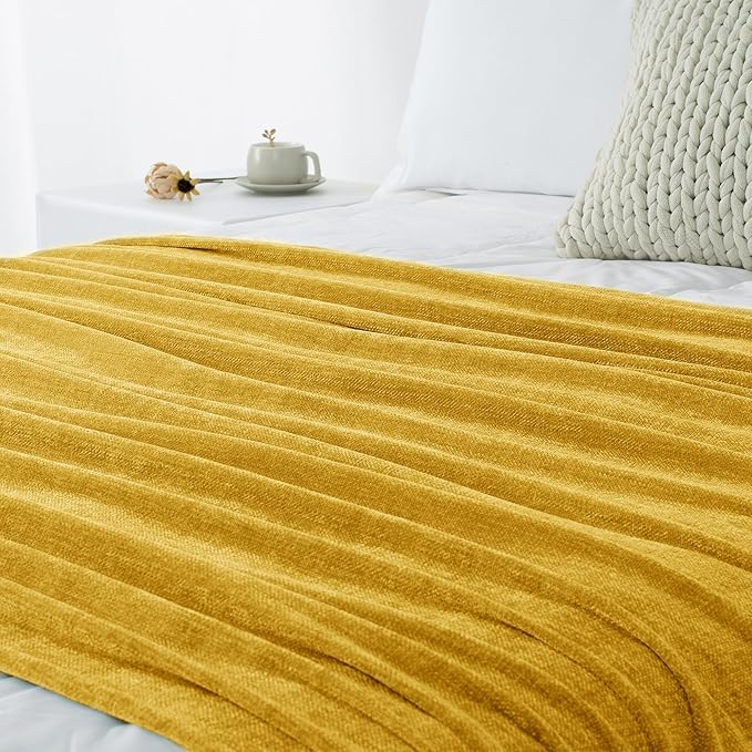 Chenille Throw Blanket for Couch 50"X 60", Soft Cozy Throws with Fringe Tassel for Bed Sofa Chair, Lightweight Knitted Decorative Farmhouse Boho Blankets for Gift, Yellow