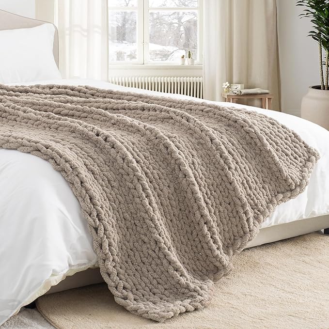 Chunky Knit Throw Blanket 50"X 60", 100% Handmade with Soft Chenille Yarn, 4.4lbs Thick Cable Knitted Blankets, Large Rope Knot Crochet Throws for Couch Sofa Bed Home Decor, Taupe