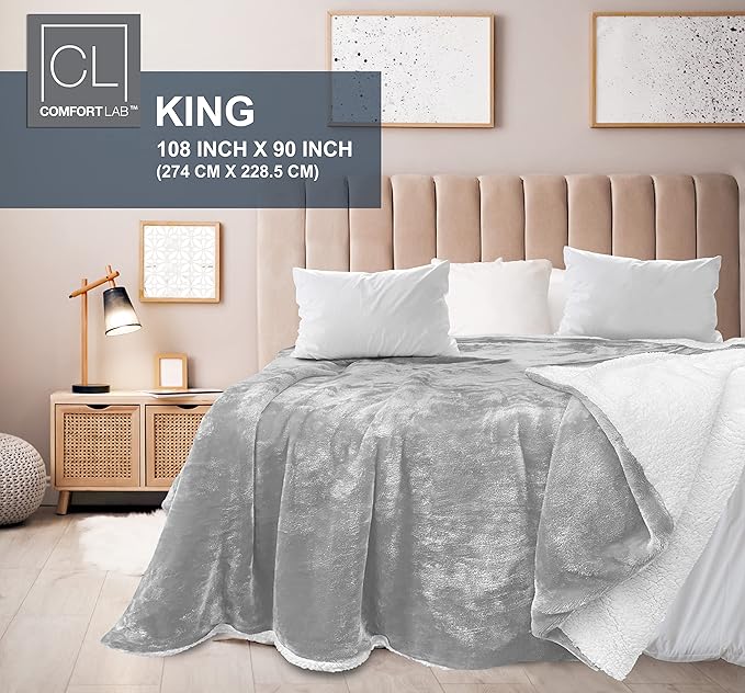 Comfort Lab Reversible Flannel Sherpa Blanket - Elegant Fluffy Bed Blankets for Bedroom and Home Decor - Anti Pilling Non Shedding Cozy & Warm Fleece Cover - King/California King (108" x 90") - Grey