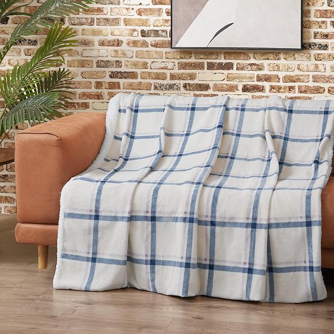 Lucky Brand Sherpa Plaid Lilac/Blue 50"X70" Cozy Plush Blanket - Premium Microfiber Throw for Luxurious Comfort and Style