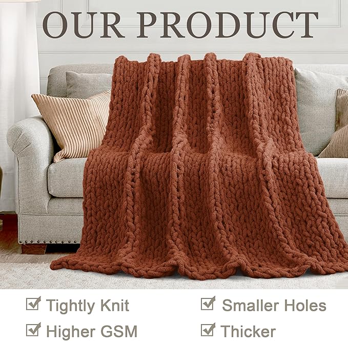 Chunky Knit Throw Blanket 50"X 60", 100% Handmade with Soft Chenille Yarn, 4.4lbs Thick Cable Knitted Blankets, Large Rope Knot Crochet Throws for Couch Sofa Bed Home Decor, Rust