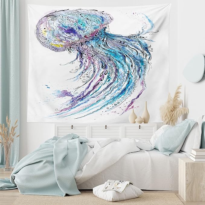 Ambesonne Jellyfish Tapestry, Aqua Colors Art Ocean Animal Print Sketch Style Creative Sea Marine Theme, Wide Wall Hanging for Bedroom Living Room Dorm, 80" X 60", Blue Purple White