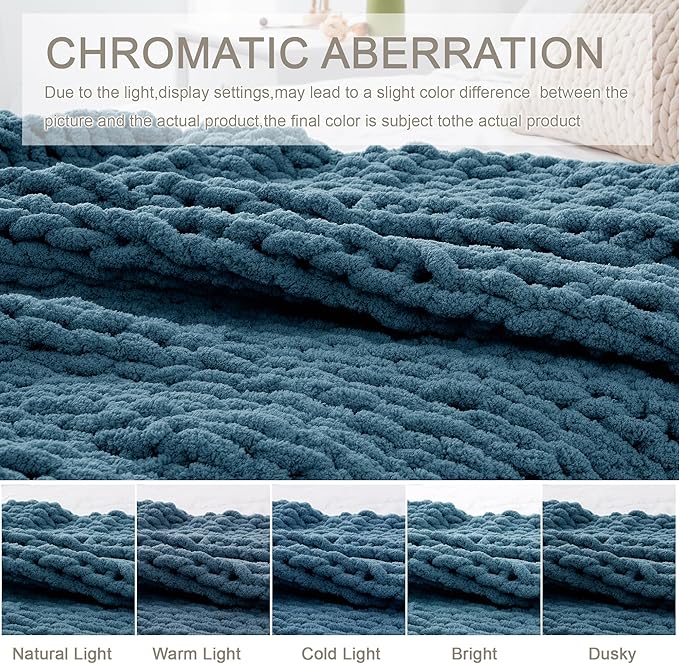 Chunky Knit Throw Blanket 50"X 60", 100% Handmade with Soft Chenille Yarn, 4.4lbs Thick Cable Knitted Blankets, Large Rope Knot Crochet Throws for Couch Sofa Bed Home Decor, Mineral Blue