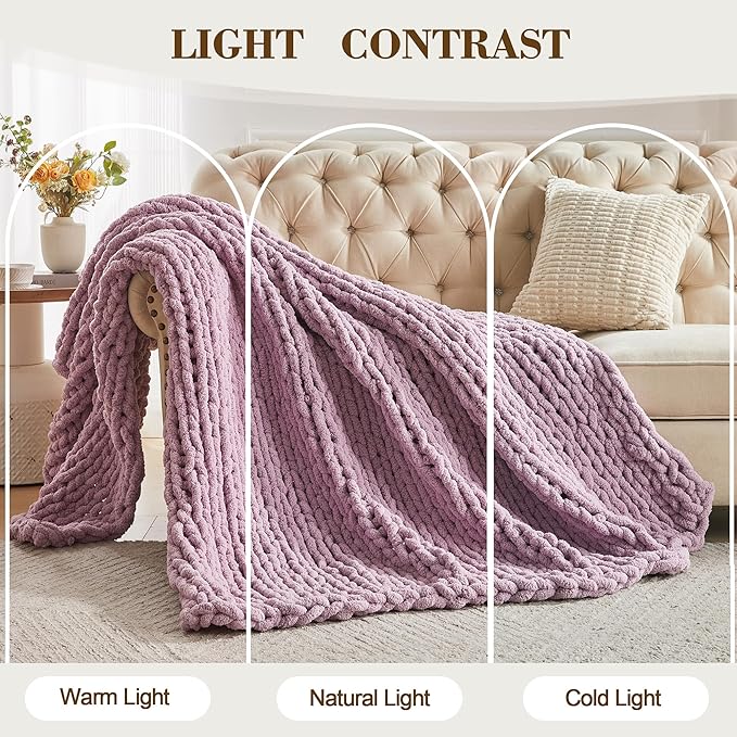 Carriediosa Chunky Knit Throw Blanket 60" X 80" Twin, 100% Hand Made Large Chenille Loop Yarn Soft Fluffy Throws for Couch Sofa Bed, Big Crochet Cozy Heavy Thick Cable Woven Blankets, Purple
