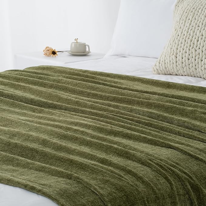 Chenille Throw Blanket for Couch 60"X 80" Twin, Soft Cozy Throws with Fringe Tassel for Bed Sofa Chair Cover, Lightweight Knitted Decorative Boho Blankets for Living Room, Olive Green