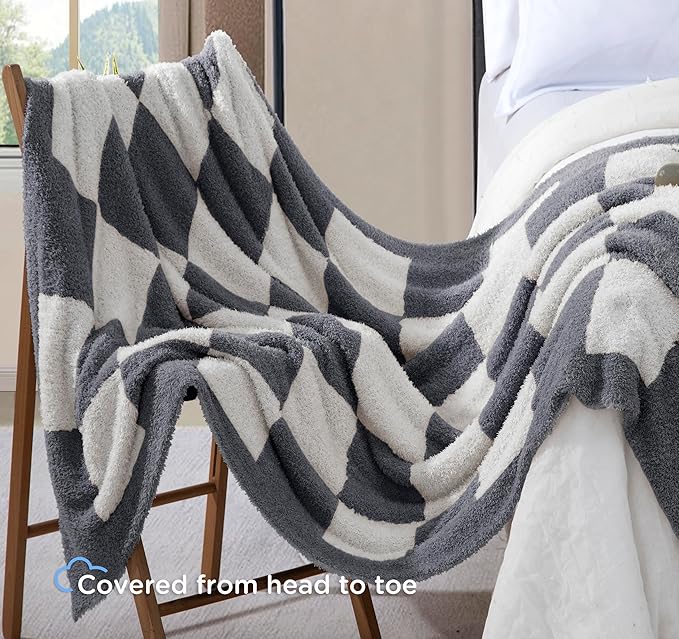 Oversized King Checkered Blanket for Couch - Super Soft Extra Large Throw Blankets for Bed, Fluffy Fuzzy Plush Lightweight Cozy Blanket,120" x 120", Grey