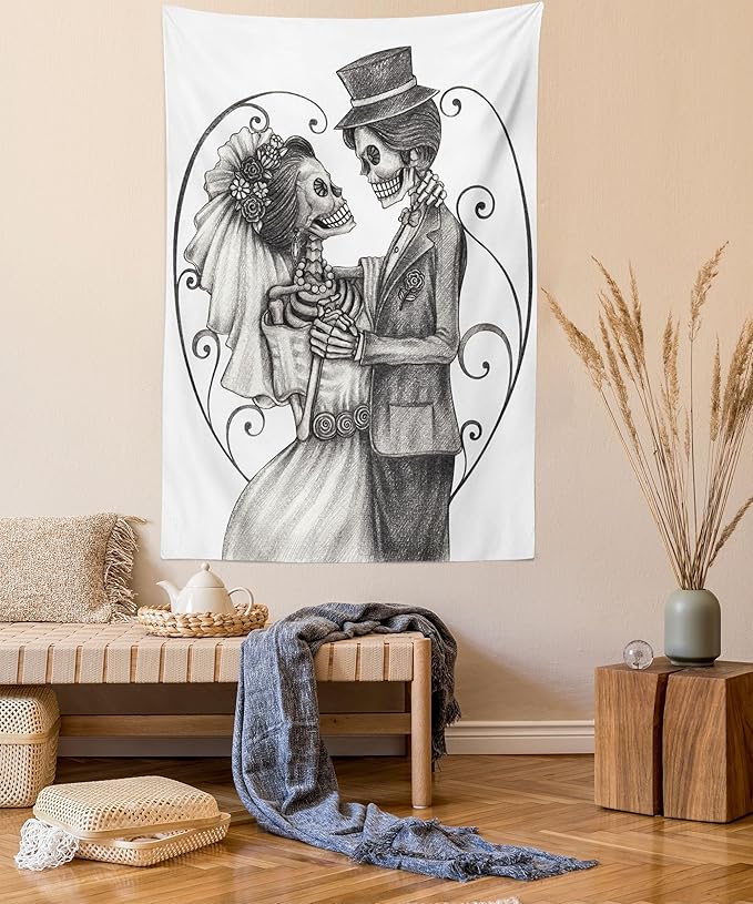 Ambesonne Day of the Dead Tapestry, Love Skull Skeleton Marriage Eternal Love Theme Spanish Art, Wall Hanging for Bedroom Living Room Dorm Decor, 60" X 80", Dimgrey White