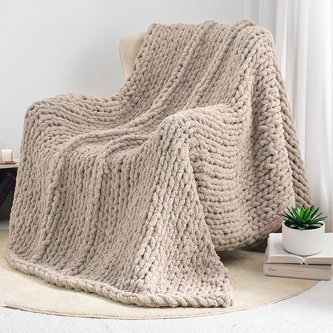 Chunky Knit Throw Blanket 50"X 60", 100% Handmade with Soft Chenille Yarn, 4.4lbs Thick Cable Knitted Blankets, Large Rope Knot Crochet Throws for Couch Sofa Bed Home Decor, Taupe