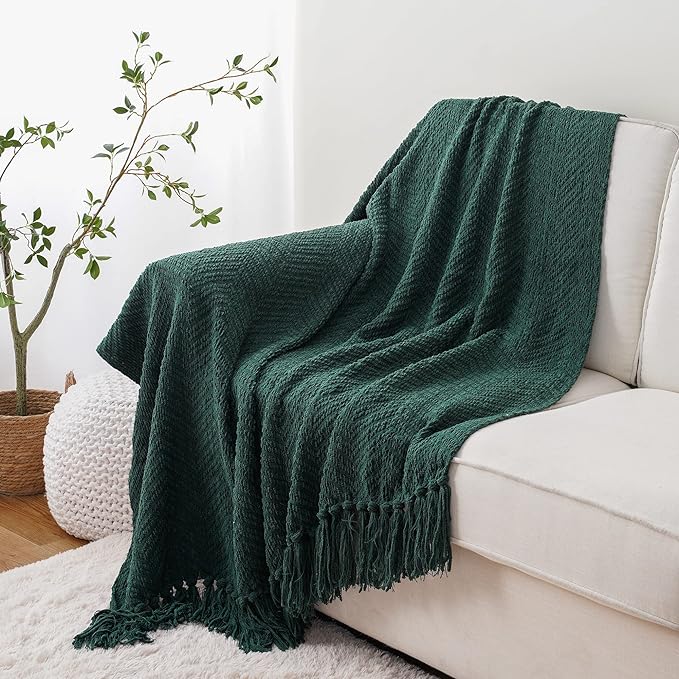 BATTILO HOME Forest Green Throw Blanket for Couch, Knit Christmas Throw Blanket Versatile for Chair, Super Soft Warm Green Christmas Blanket with Tassels for Bed, Sofa and Living Room, 60" x 80"