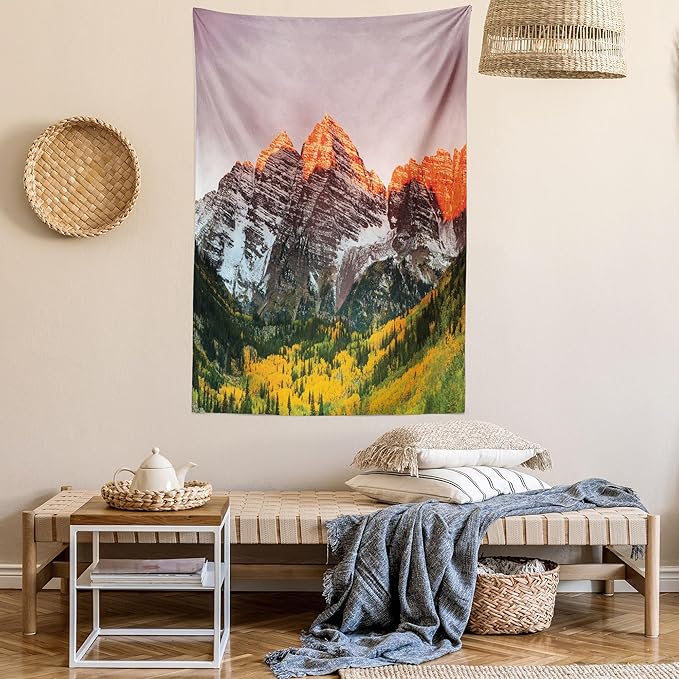 Ambesonne Mountain Tapestry Queen Size, Scenic Western American Mountains on Valley with Snowy Peaks at Sunset Landscape, Wall Hanging Bedspread Bed Cover Wall Decor, 88" X 88", Mauve Brown