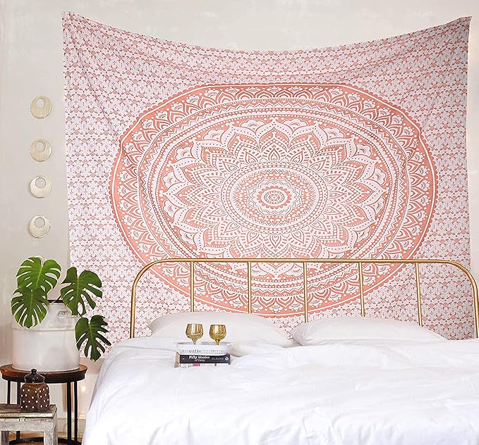 raajsee Rose Gold Ombre Tapestry Wall Hanging Mandala-Bohemian Room Decor-Indian Cotton Throw Hippie Tapestries -Boho Bedding Twin bedspread 52x82 Imches