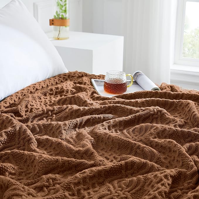 Aormenzy Brown Cable Knit Throw Blanket, Soft & Warm Knitted Blanket Throw for Couch Bed Sofa Living Room, 50 x 60 inch