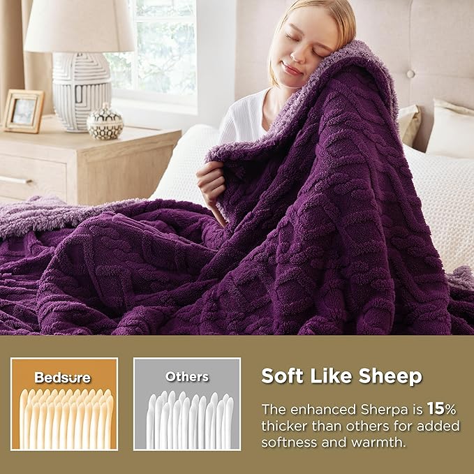 Bedsure Sherpa Queen Size Blanket for Bed - Fleece Soft Cozy Fuzzy Cable Blankets for Women, Thick Warm for Winter and All Seasons, Purple, 90x90 Inches