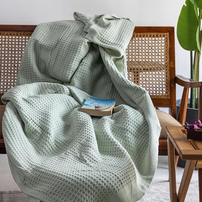 100% Cotton Salt Earth Throw Blanket, Twin, 68"x92" Waffle Throws For Home, Bedrooms, Outdoor Couch & Cozy Couch, Modern & Cozy Bed Room Decor Blankets,Lightweight All Season Western Blanket(Sea Foam)