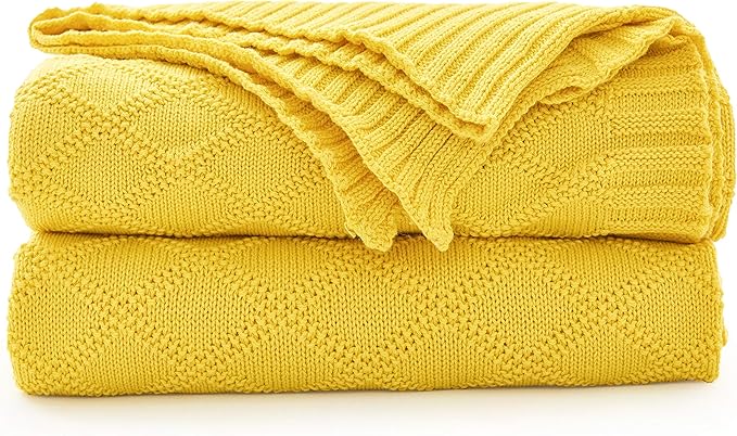 Cotton Lemon Yellow Knit Throw Blanket for Couch Sofa Beach Chair Bed Home Decorative Soft Warm Cozy Cable Lightweight Knitted Blankets,2.2 pounds 50 x 60 Inch with Bonus Laundering Bag