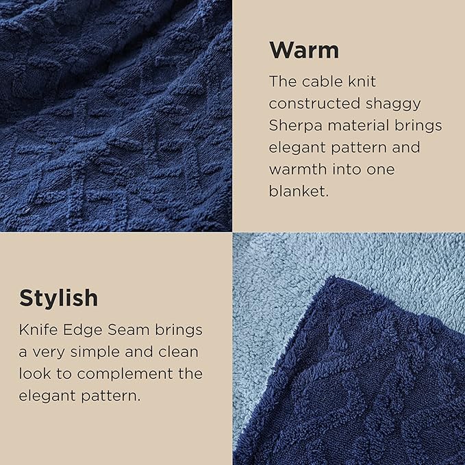 Bedsure Sherpa Fleece Blanket Twin Size for Bed - Fuzzy Soft Cozy Cable Throw for Couch, Thick Warm Blankets for Winter, Navy, 60x80 Inches
