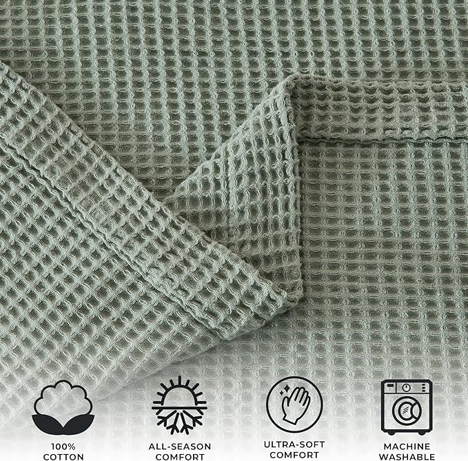 100% Cotton Blanket for Full Queen Size Bed - Green Waffle Weave Lightweight Summer Bed Blanket - 90x90in Prewashed Breathable, Woven, Layering Blanket (Full/Queen, Eucalyptus)