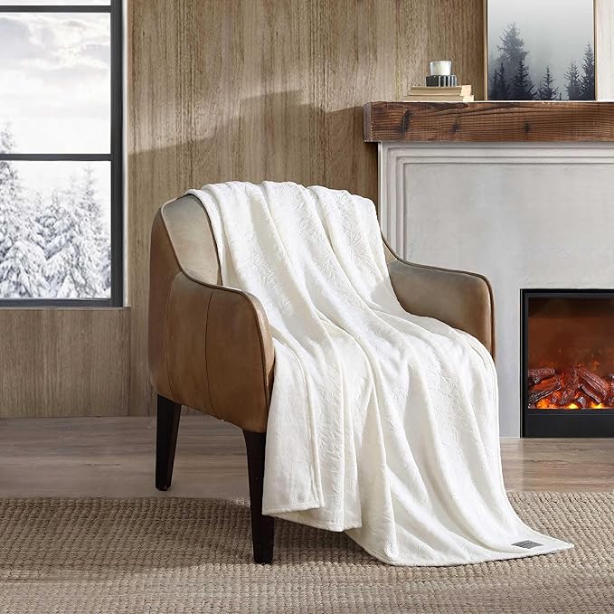 Eddie Bauer - Throw Blanket, Embossed Ultra Soft Plush Bedding, Home Decor for All Seasons, Oeko-Tex Certified (Woodblock Floral White, 50" x 70")