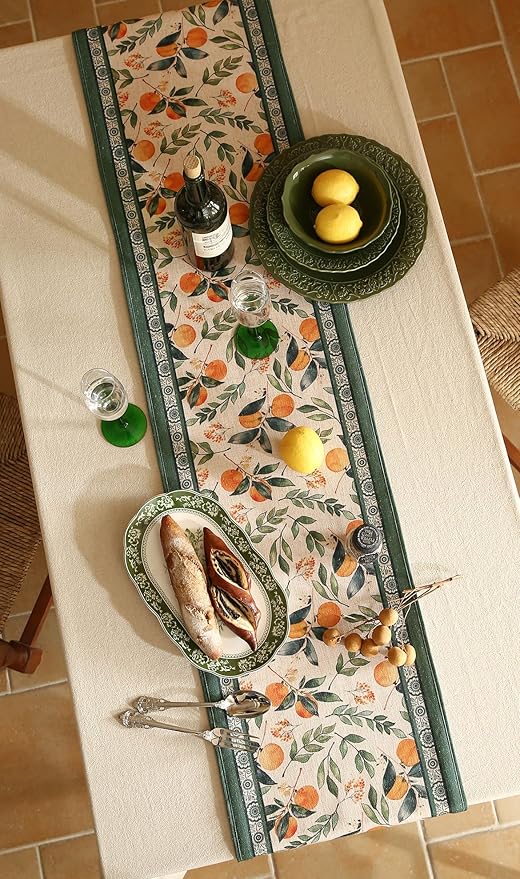 patdrea Designer Vintage Fresh Farmhouse Extra Long Linen Table Runner 118 Inch Long, Green and Orange Pattern Table Mat, Decor for Kitchen Dining Table Coffee Table Cabinet Christmas,16"*118"