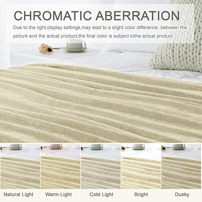 Chenille Throw Blanket for Couch 50"X 60", Soft Cozy Throws with Fringe Tassel for Bed Sofa Chair Cover, Lightweight Knitted Decorative Boho Blankets for Living Room, Light Beige
