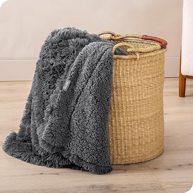 Bare Home Shaggy Faux Fur Sherpa Blanket - Super Soft, Fuzzy, Fluffy - Reversible Cozy Warm Blanket for Couch, Sofa, Chair, Bed - Luxury Home Decor (Full/Queen, Grey)