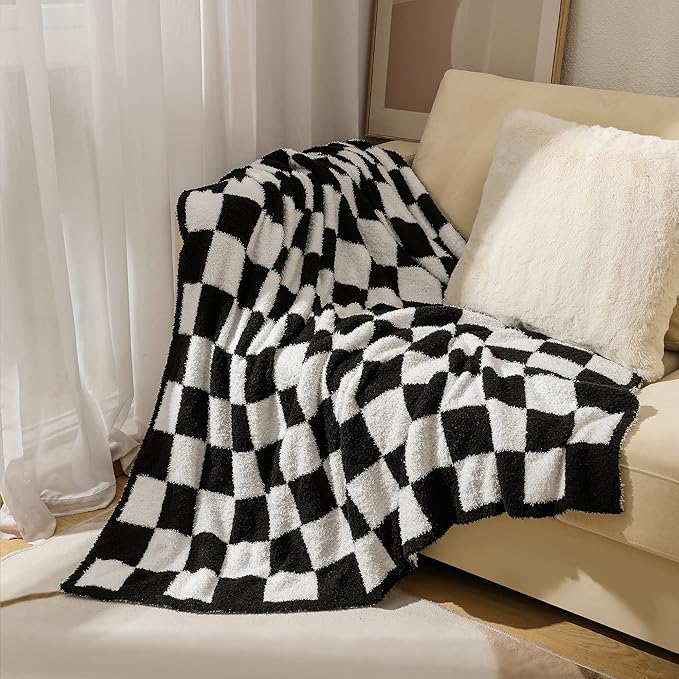 Super Soft Luxurious Warm Checkered Throw Blanket - Reversible for Couch, Bed, Sofa - 50x60 Inches - Black and White Pattern