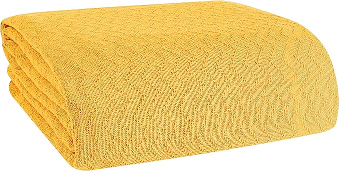 BELIZZI Home 100% Cotton Bed Blanket, Breathable Thermal Blanket King Size, Soft Chevron Thermal Blanket 90"x102", Cotton Bed Blanket, Perfect for Layering Any Bed for All Season, Mustard Yellow