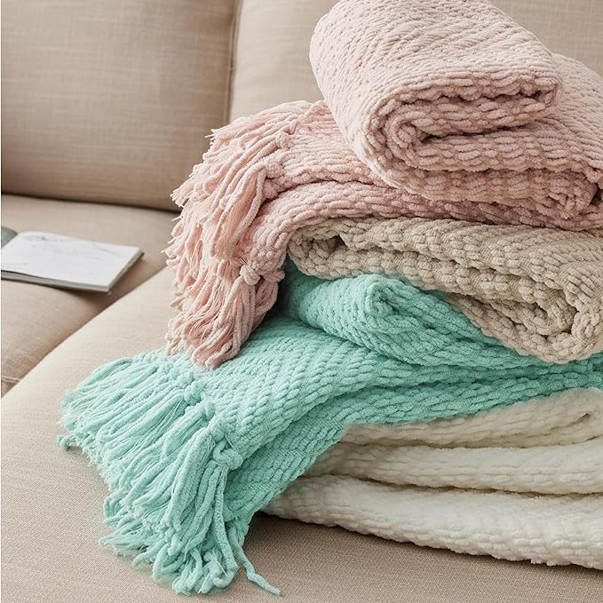 Bedsure Throw Blankets for Couch - Textured Chunky Knit Woven Chenille Blanket - Super Soft, Warm Decorative Boho Throw with Tassels for Bed, Sofa and Living Room Decor, Sky Teal, 50x60 Inches