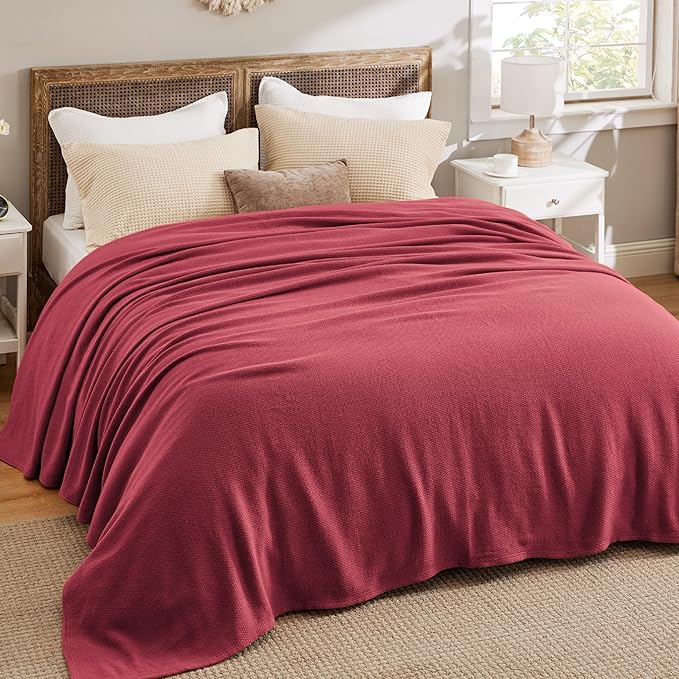 Bedsure 100% Cotton Blanket Queen Size for Bed - Breathable and Lightweight, Soft Cozy Textured Herringbone Woven Blanket for Summer Spring, Dark Red, 90x90 inches