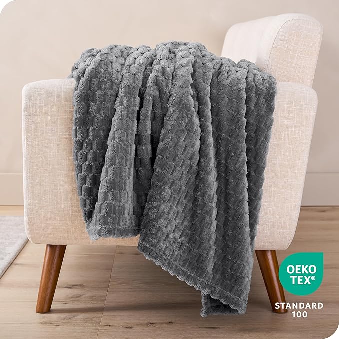 Bare Home Textured Fleece Microplush Blanket - Throw Travel Size - Lightweight Blanket for Bed, Sofa, Couch, Camping, and Gifts - Ultra Soft Warm (Throw/Travel, Waffle Grey)