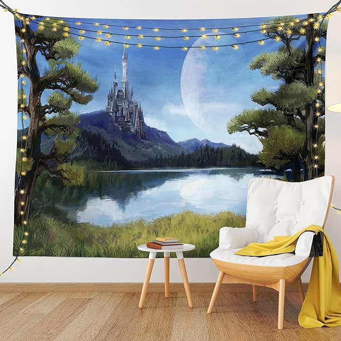 Ambesonne Fantasy Tapestry, Moon Surreal Scene with Riverside Lake Forest and Medieval Castle on Hill Art, Wall Hanging for Bedroom Living Room Dorm Decor, 60" X 80", Green Blue