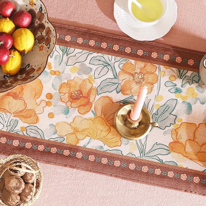 Designer Vintage Floral Printed Table Runner,French Soft Linen Farmhouse Table Runners 87 Inches Long,Italian Decor Tabletop for Kitchen,Dining,Party,Home,Christmas,12"*87"