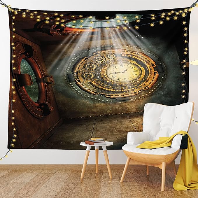 Ambesonne Fantasy Tapestry, Fantasy Scenery with Clock Dream Sky Rays from the Ceiling Fictional Art, Fabric Wall Hanging Decor for Bedroom Living Room Dorm, 30" X 45", Teal Brown