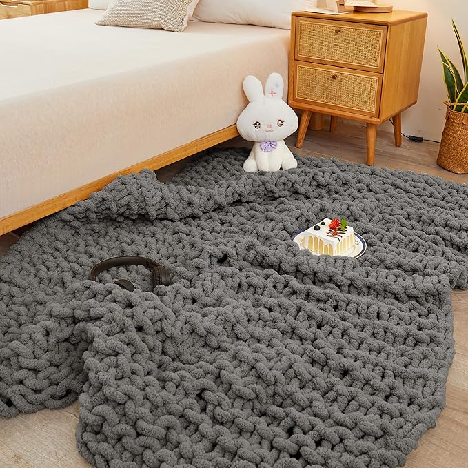 Knit Blanket 50"x60" Dark Grey Cream Soft Washable Chenille Throw Blanket Cozy 100% Handmade Crochet Blankets with Jumbo Chenille Yarn for Couch Bed Sofa Room Decor