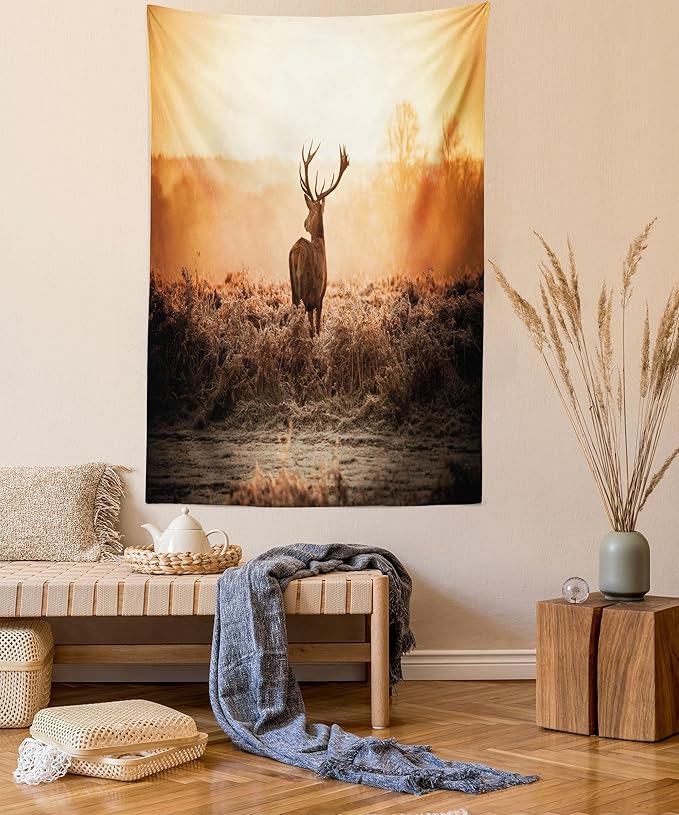 Ambesonne Hunting Tapestry, Red Deer in the Morning Sun Wilderness Nature Scenery Countryside Rural Heathers, Wall Hanging for Bedroom Living Room Dorm Decor, 40" X 60", Brown Orange