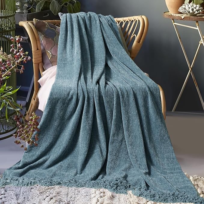 Chenille Throw Blanket for Couch 60"X 80" Twin, Soft Cozy Throws with Fringe Tassel for Bed Sofa Chair Cover, Lightweight Knitted Decorative Boho Blankets for Living Room, Dusty Blue
