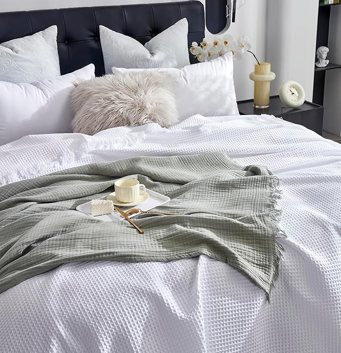 100% Cotton Blankets King 90" x104“ Muslin Throw Blanket for Adult, Bed, Couch, Pre-Washed, Breathable Lightweight Gauze Soft Blanket w/Fringe, All Season, (Sage Green)