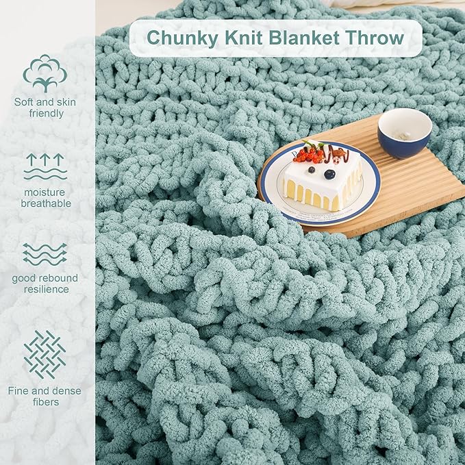 Knit Blanket 50"x60" Aqua Blue Cream Soft Washable Chenille Throw Blanket Cozy 100% Handmade Crochet Blankets with Jumbo Chenille Yarn for Couch Bed Sofa Room Decor