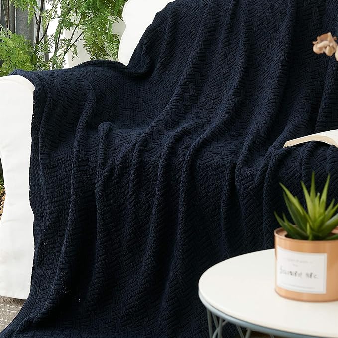 Longhui bedding Cotton Navy Cable Knit Throw Blanket for Couch Chairs Bed Beach, Home Decorative Grey Knitted Blanket, 50 x 60 Inch with a Washing Bag,Silk Bow Tie Package