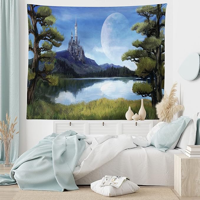 Ambesonne Fantasy Tapestry, Moon Surreal Scene with Riverside Lake Forest and Medieval Castle on Hill Art, Wall Hanging for Bedroom Living Room Dorm Decor, 60" X 80", Green Blue