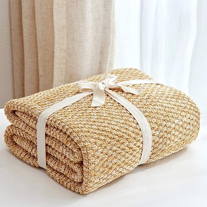 Longhui bedding Gold Knitted Throw Blanket for Couch, Soft, Cozy Machine Washable 100% Cotton Sofa Blanket, 60”x80”, Mustard Yellow and White, Laundry Bag Included