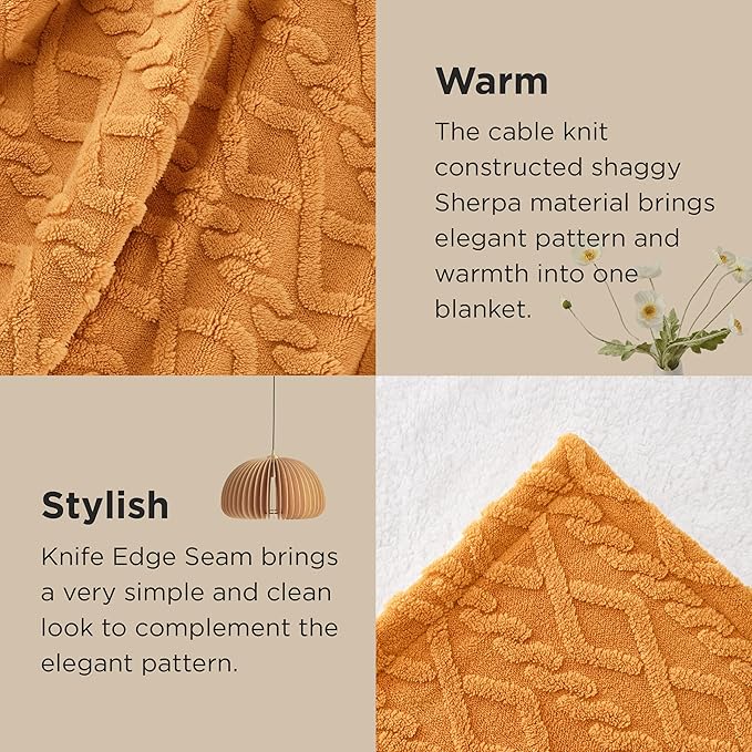 Bedsure Sherpa King Size Blanket for Bed- Fleece Soft Cozy Fuzzy Cable Blankets for Women, Thick Warm for Winter and All Seasons, Yellow, 108x90 Inches