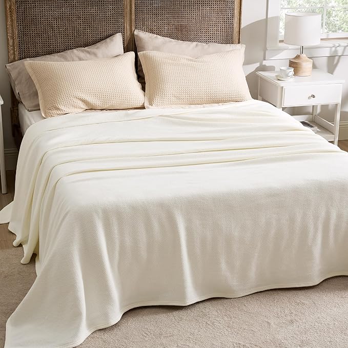 Bedsure 100% Cotton Blanket Queen Size for Bed - Breathable and Lightweight, Soft Cozy Textured Herringbone Woven Blanket for Summer Spring, Ivory, 90x90 inches