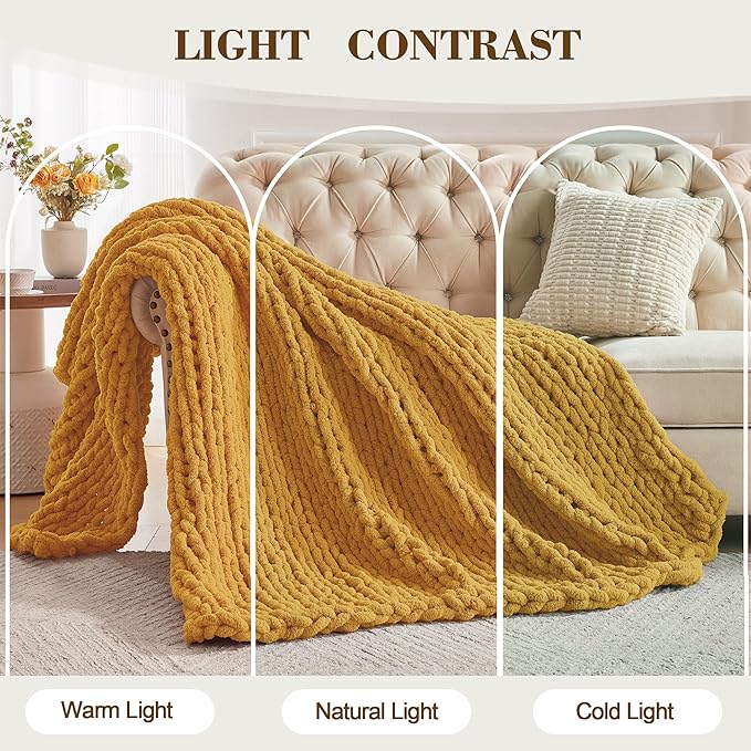 Carriediosa Chunky Knit Throw Blanket 60" X 80" Twin, 100% Hand Made Large Chenille Loop Yarn Soft Fluffy Throws for Couch Sofa Bed, Big Crochet Cozy Heavy Thick Cable Woven Blanket, Yellow