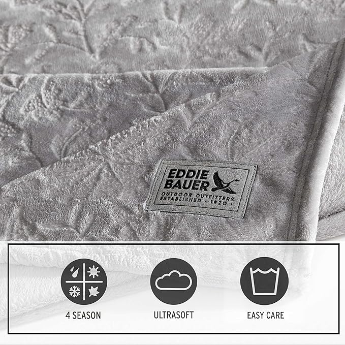Eddie Bauer - Throw Blanket, Embossed Ultra Soft Plush Bedding, Home Decor for All Seasons, Oeko-Tex Certified (Woodblock Floral Grey, 50" x 70")