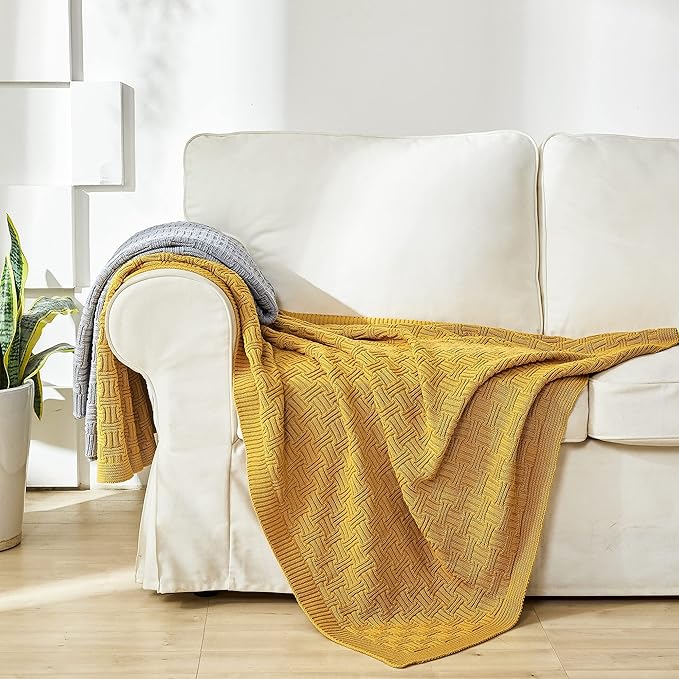 100% Cotton Navy Blue Cable Knit Throw Blanket with Bonus Laundering Bag - Large Thick, 2.5 Pounds,Extra Cozy, Machine Washable, Comfortable Home Decor (Mustard Yellow Stripe Pattern, 60"x80")