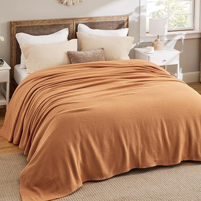 Bedsure 100% Cotton Blanket King Size for Bed - Breathable and Lightweight, Soft Cozy Textured Herringbone Woven Blanket for Summer Spring, Burnt Orange, 108x90 inches
