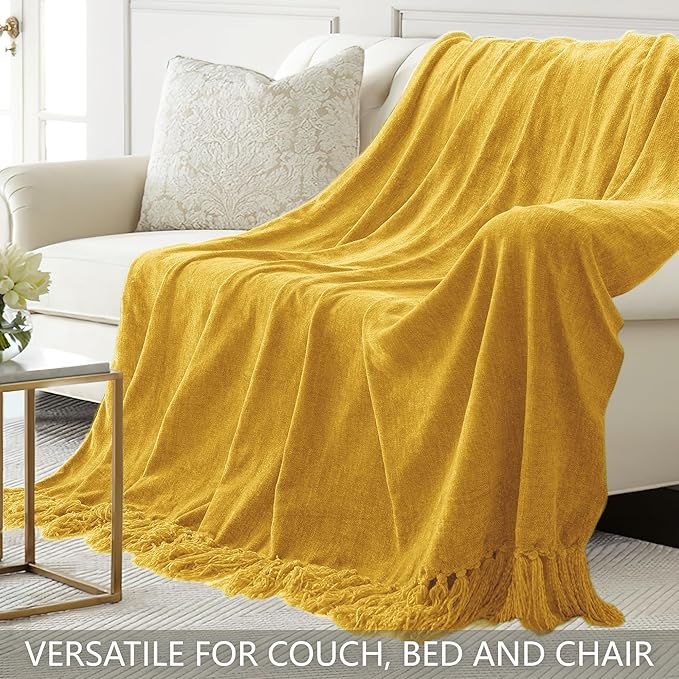 Chenille Throw Blanket for Couch 50"X 60", Soft Cozy Throws with Fringe Tassel for Bed Sofa Chair, Lightweight Knitted Decorative Farmhouse Boho Blankets for Gift, Yellow
