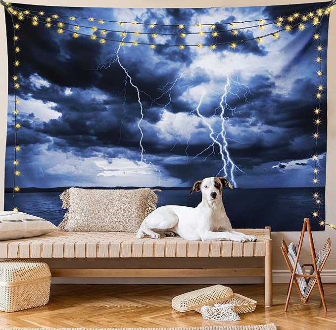 Ambesonne Nature Tapestry Twin Size, Majestic Sky View with Huge Rain Clouds All Over The Sea and Vibrant Storm Rays Print, Wall Hanging Bedspread Bed Cover Wall Decor, Twin Size, Blue